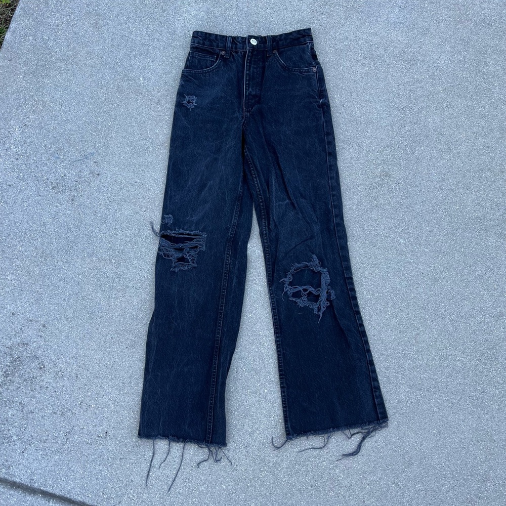 Zara wide leg high rise black ripped denim jeans